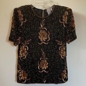 Vintage Exotica Silk Beaded Sequin Evening Top Black Gold Short Sleeve S